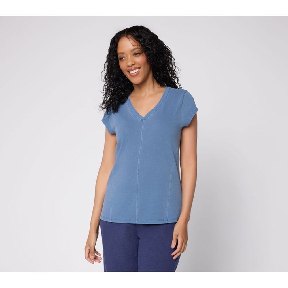 Anybody Women's Top Sz XS Washed Cotton V-Neck Seamed With Cap Blue